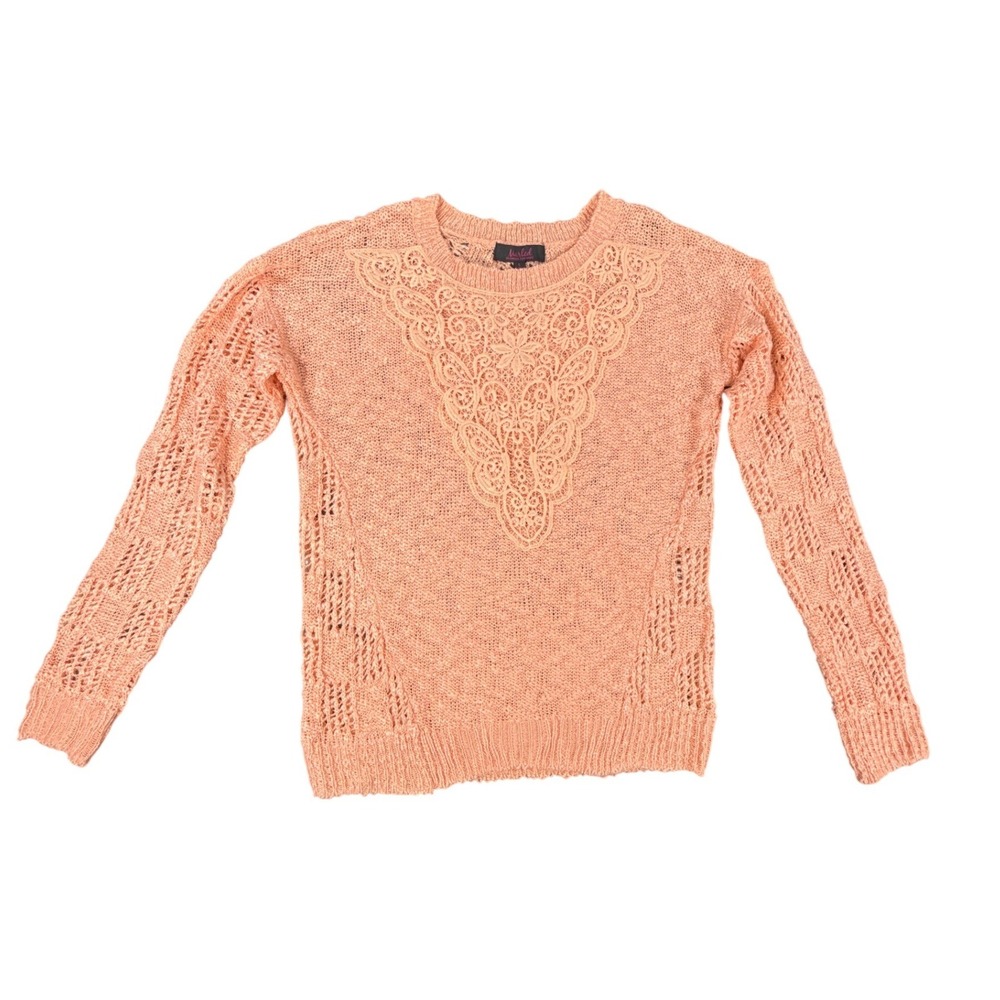 Marled Reunited Clothing Peach Lace Bib Open Knit Sweater Large Womens 38 bust